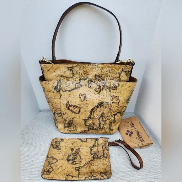 Patricia Nash European Map Leather Shoulder Bag Wristlet Set Handbag - Picture 2 of 16